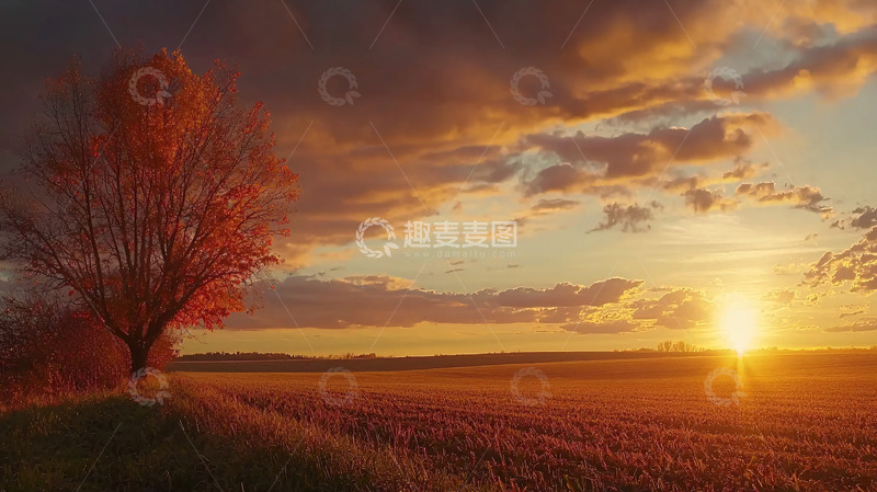 高清大图下载【趣麦麦图】秋日落日下的孤树