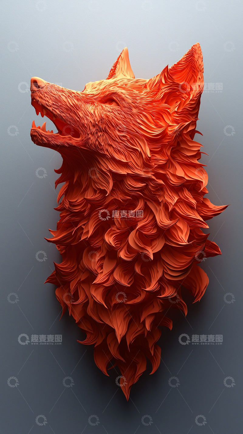 高清大图下载【趣麦麦图】橙色火焰狼头雕塑