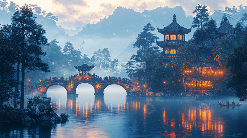 高清大图下载【趣麦麦图】中国风山水夜景建筑