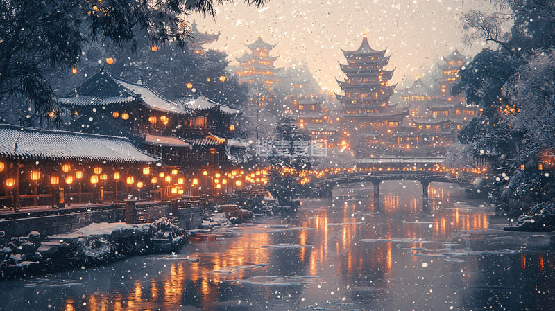 高清大图下载【趣麦麦图】雪中灯火朦胧的古镇