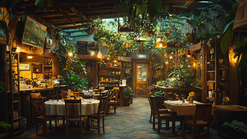 绿植环绕的复古餐厅