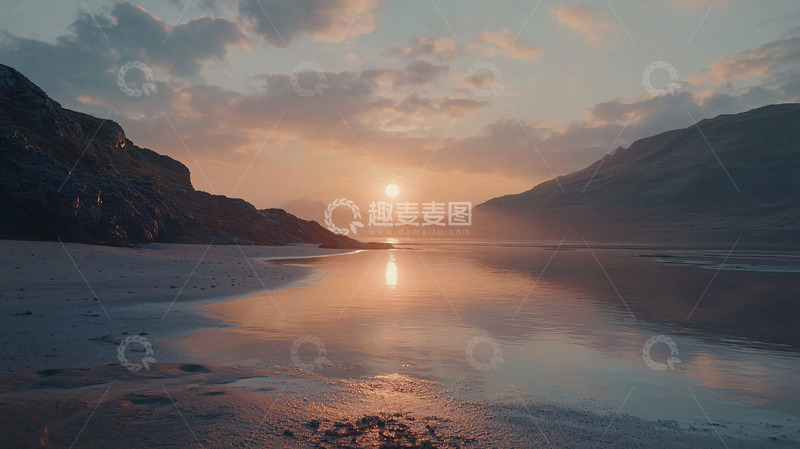 高清大图下载【趣麦麦图】山间日落海滩倒影