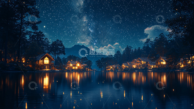高清大图下载【趣麦麦图】星空下的湖边小屋