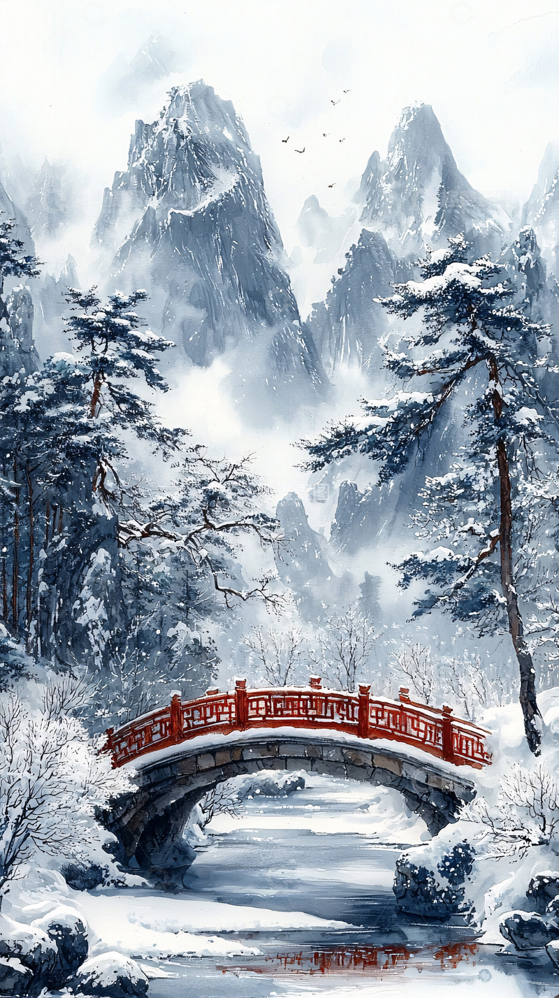 高清大图下载【趣麦麦图】冬日雪山红桥
