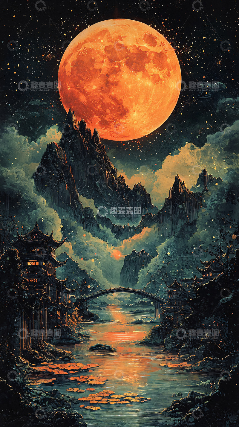 高清大图下载【趣麦麦图】橙色满月下的山水风景