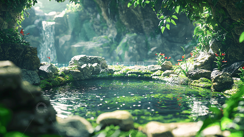 高清大图下载【趣麦麦图】绿意盎然的瀑布旁清澈池塘