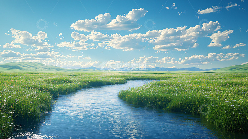 高清大图下载【趣麦麦图】蓝天白云下的绿草河川