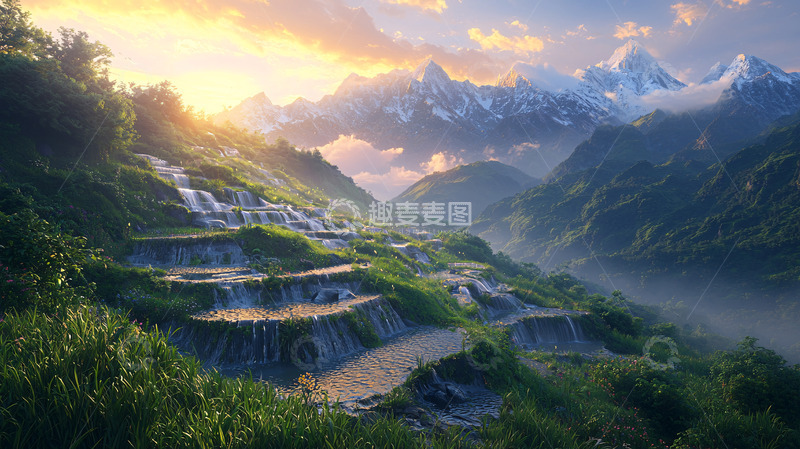 高清大图下载【趣麦麦图】日出雪山梯田瀑布
