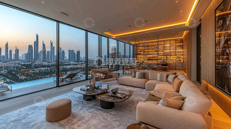 高清大图下载【趣麦麦图】迪拜豪宅客厅夜景