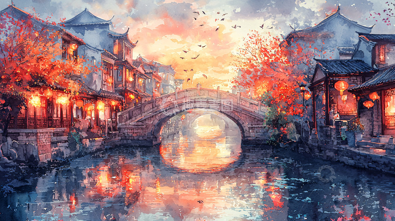 高清大图下载【趣麦麦图】古镇夜景