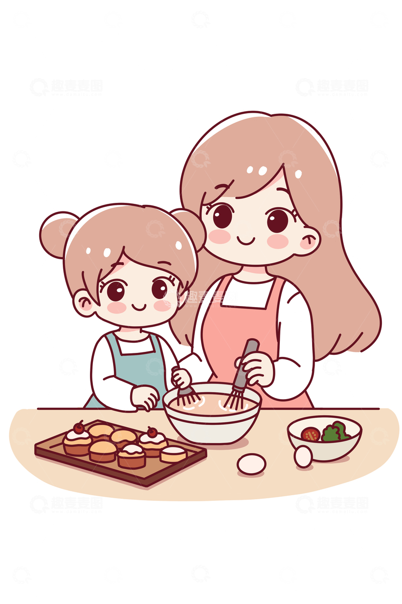 源文件下载【趣麦麦图】小女孩和母亲一起做蛋糕