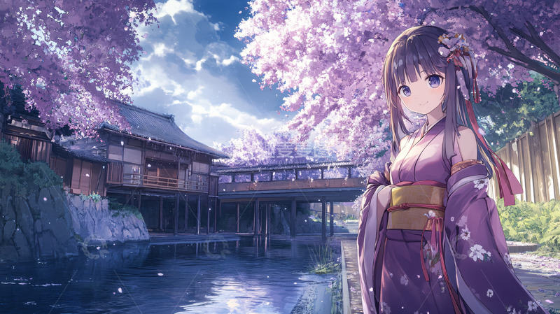 高清大图下载【趣麦麦图】樱花树下和服少女