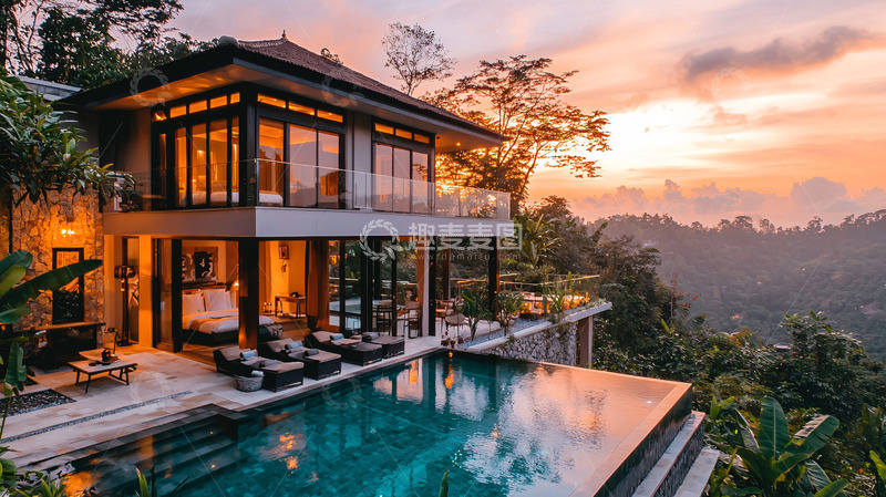 高清大图下载【趣麦麦图】山顶别墅日落美景