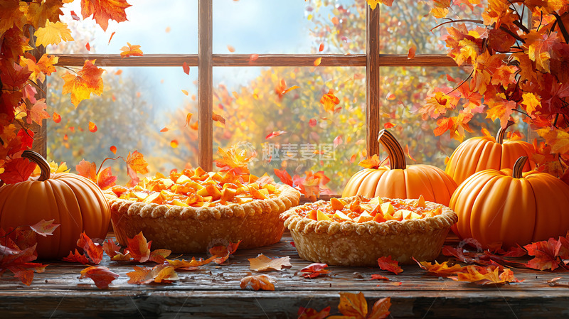 高清大图下载【趣麦麦图】秋日南瓜派与枫叶窗景