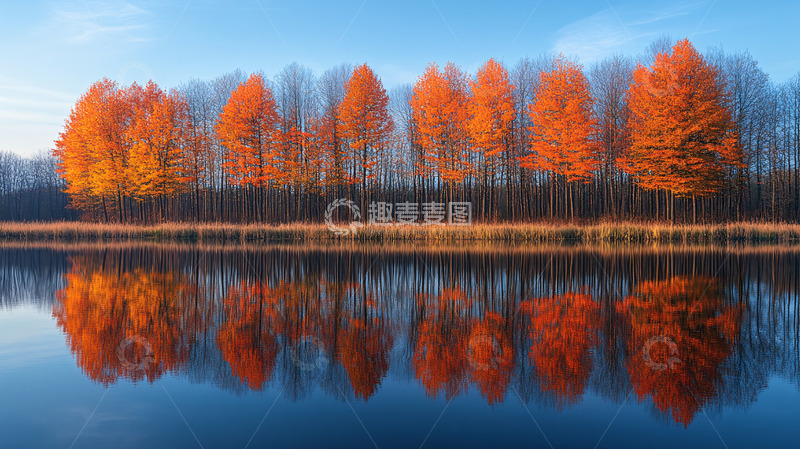 高清大图下载【趣麦麦图】秋日湖边红叶倒影