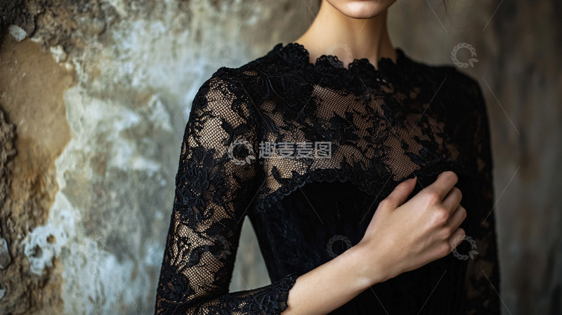 高清大图下载【趣麦麦图】黑色蕾丝长袖连衣裙