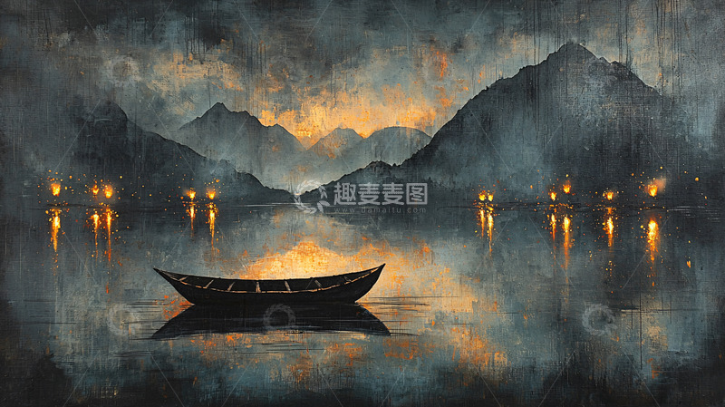 高清大图下载【趣麦麦图】山峦湖泊孤舟夜景