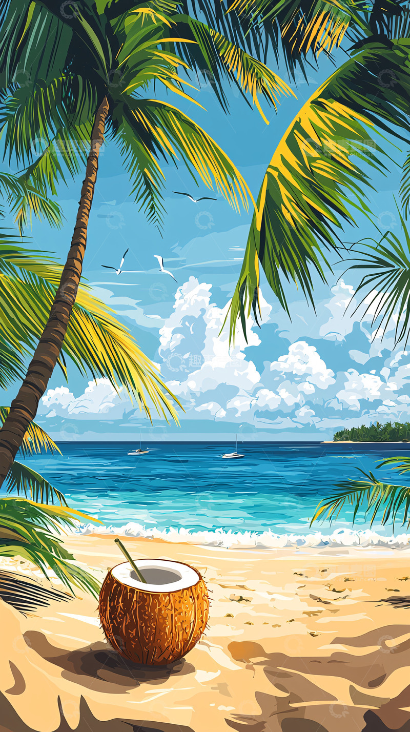 高清大图下载【趣麦麦图】海滩椰子树下的美景