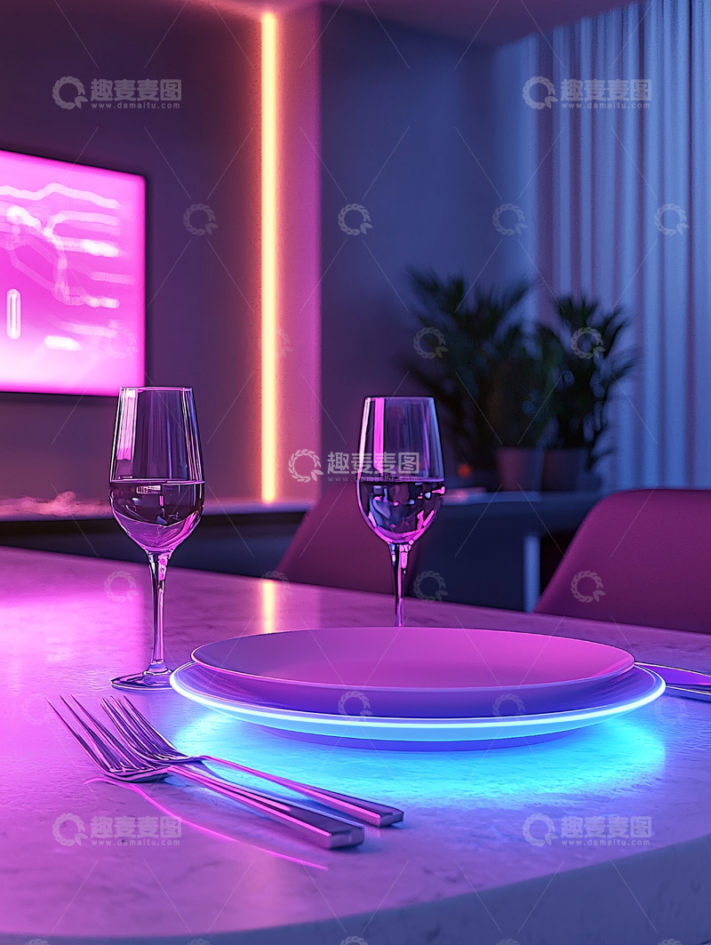 高清大图下载【趣麦麦图】霓虹灯下的餐桌