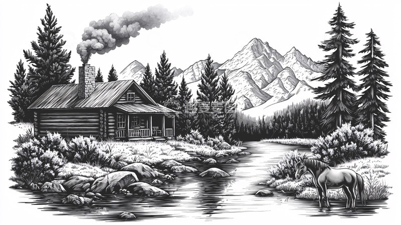 高清大图下载【趣麦麦图】山间木屋黑白素描