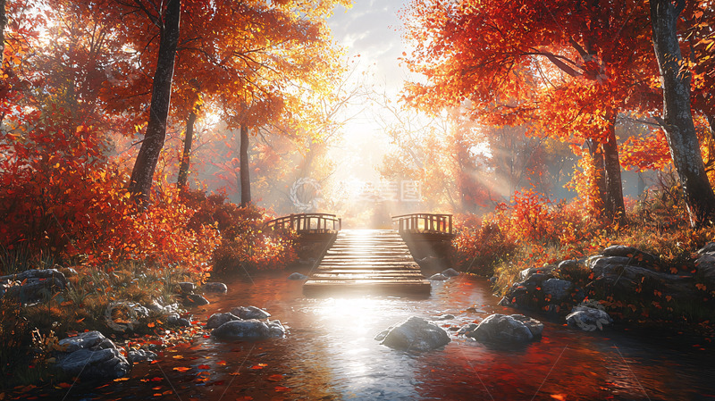 高清大图下载【趣麦麦图】秋日森林小桥流水