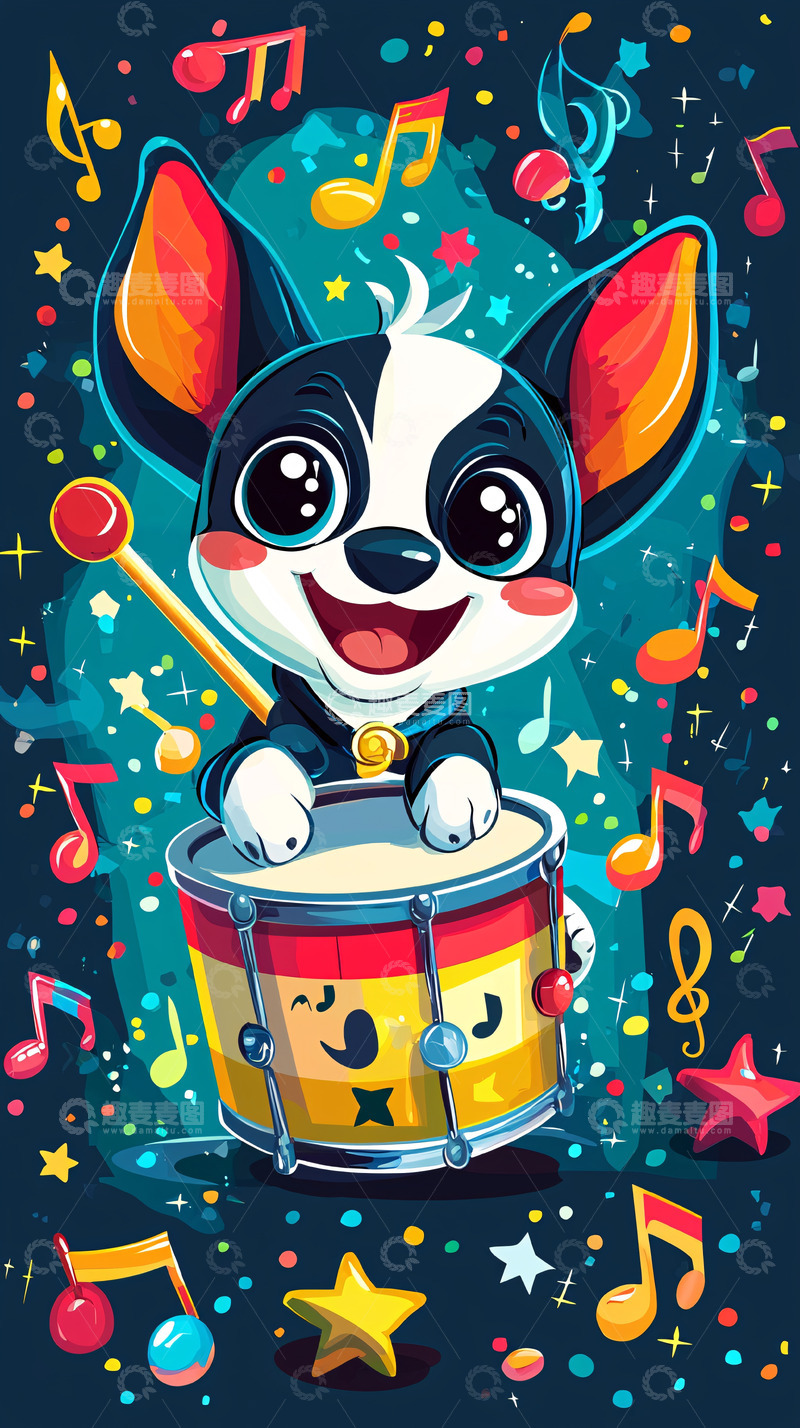 高清大图下载【趣麦麦图】敲鼓的小狗卡通