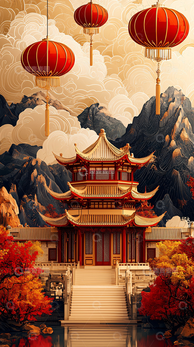 高清大图下载【趣麦麦图】中国风古建筑灯笼山水画