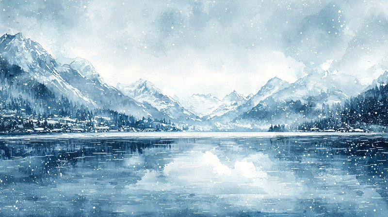 高清大图下载【趣麦麦图】冰雪覆盖的山脉与平静湖泊