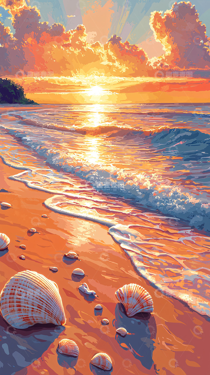高清大图下载【趣麦麦图】日落海滩贝壳风景
