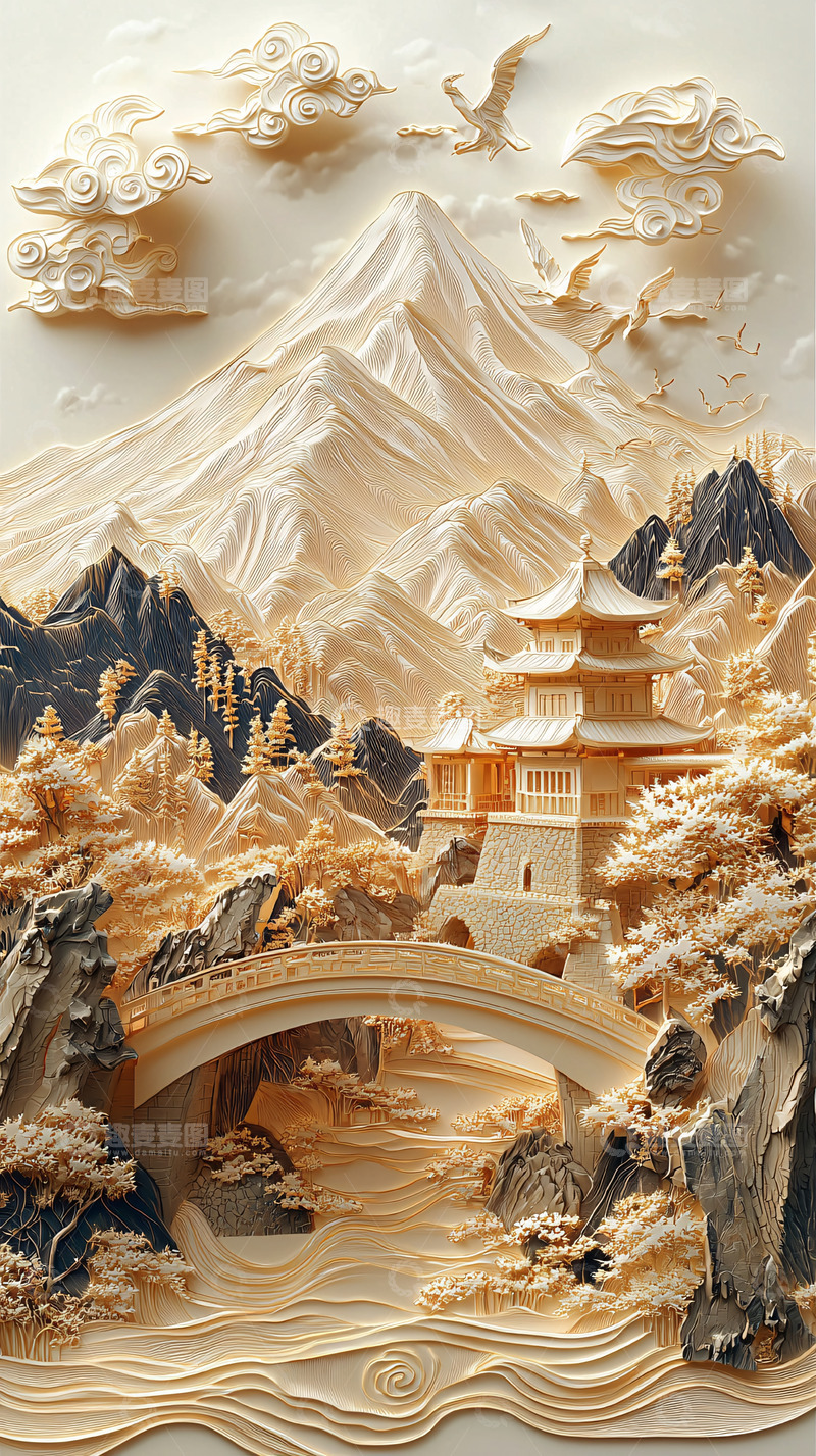 高清大图下载【趣麦麦图】浮雕山水画