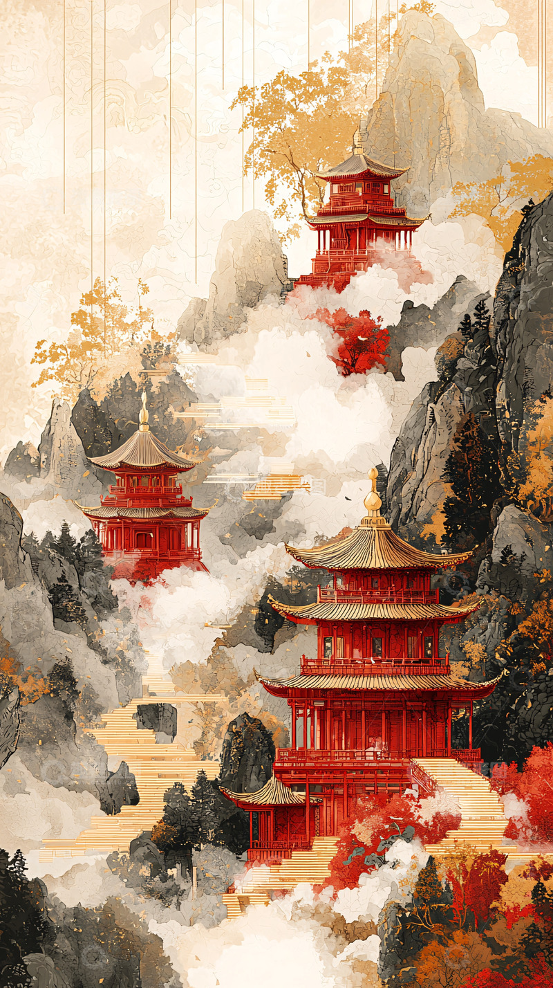 高清大图下载【趣麦麦图】中国风山水红塔