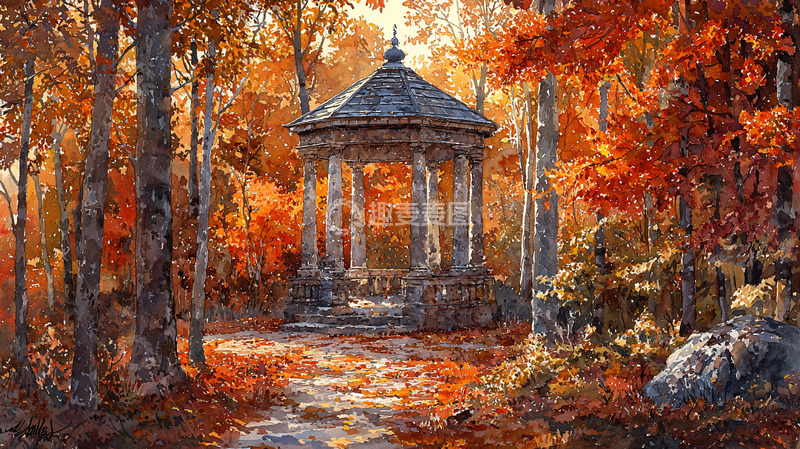 高清大图下载【趣麦麦图】秋日森林凉亭