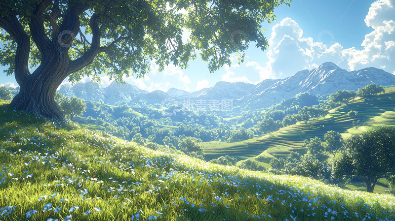 高清大图下载【趣麦麦图】阳光下的山谷绿地