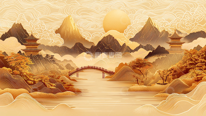 高清大图下载【趣麦麦图】金色山水水墨画