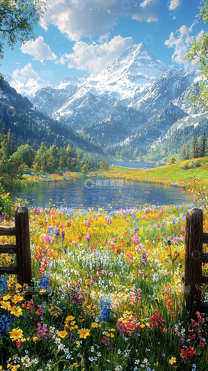 高清大图下载【趣麦麦图】鲜花盛开的山间湖泊
