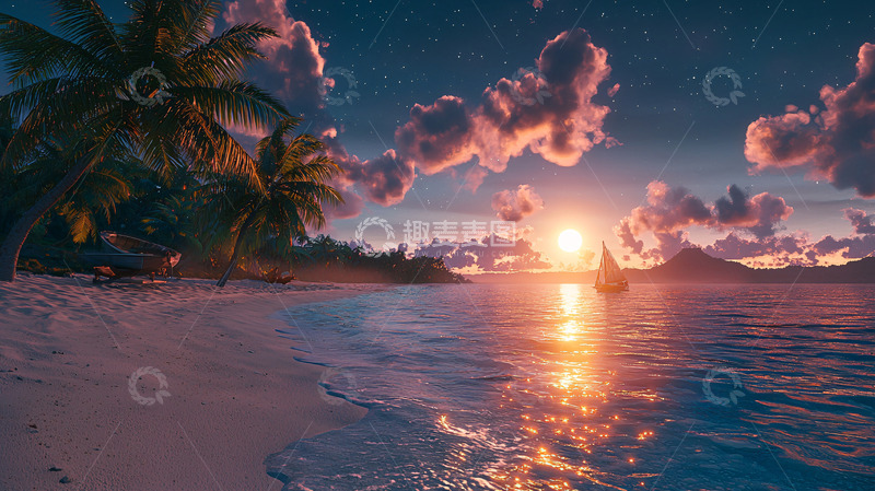 高清大图下载【趣麦麦图】热带海滩日落帆船