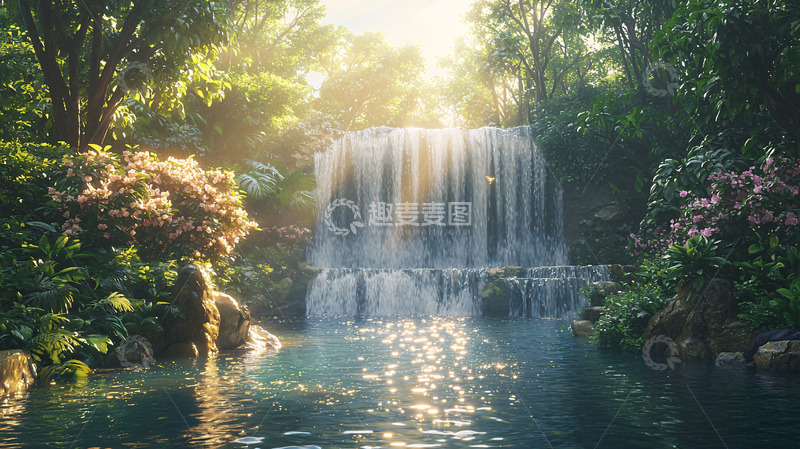高清大图下载【趣麦麦图】阳光森林瀑布