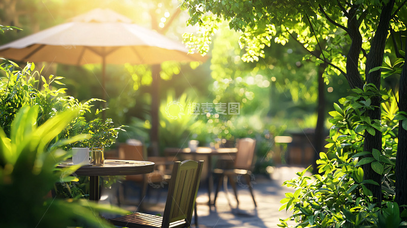 高清大图下载【趣麦麦图】阳光洒满绿荫庭院咖啡座