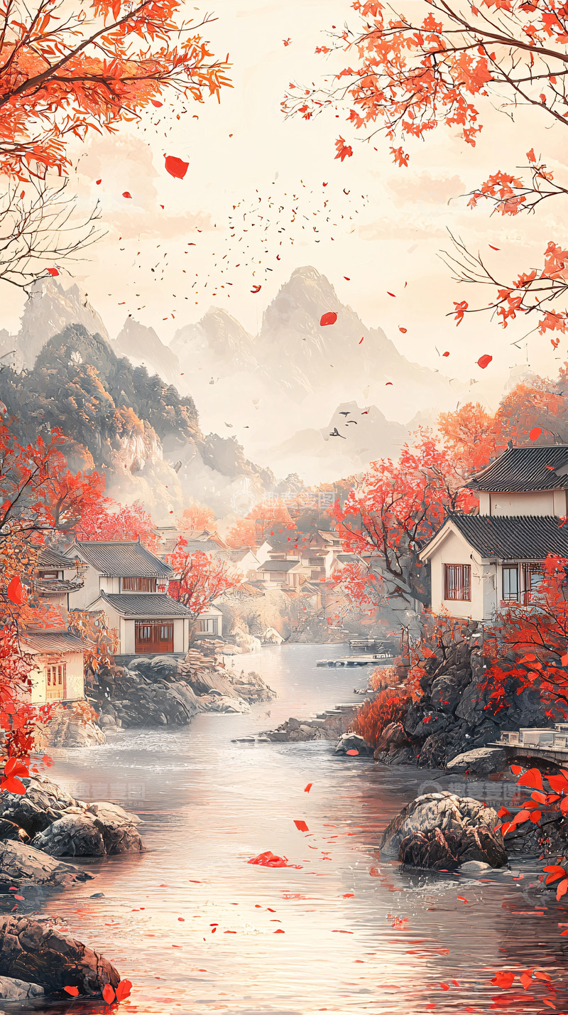 高清大图下载【趣麦麦图】秋日红叶下的山水人家