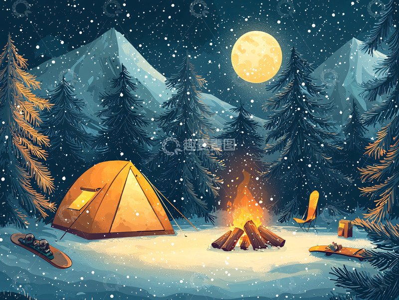 高清大图下载【趣麦麦图】雪夜露营