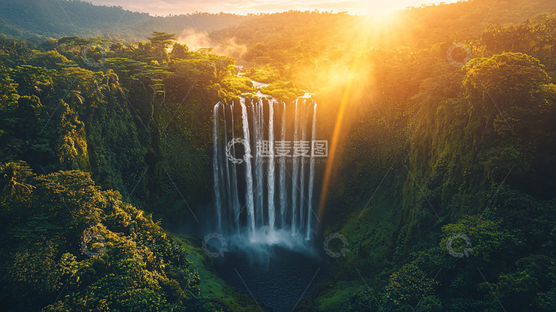 高清大图下载【趣麦麦图】日出时分雨林瀑布