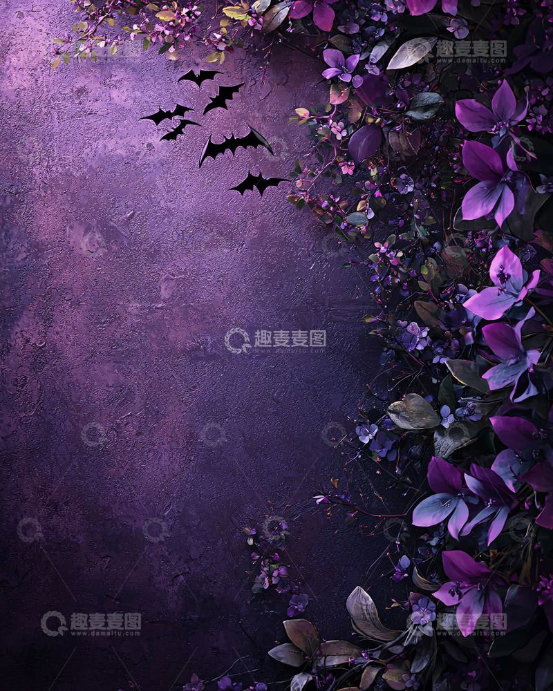 高清大图下载【趣麦麦图】暗紫色背景花卉蝙蝠