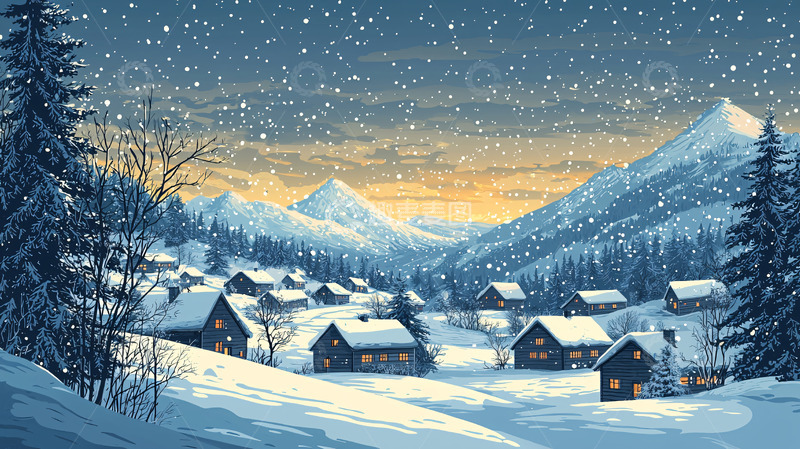 高清大图下载【趣麦麦图】雪夜山村