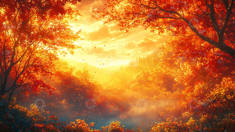 高清大图下载【趣麦麦图】秋日暖阳下的红叶森林