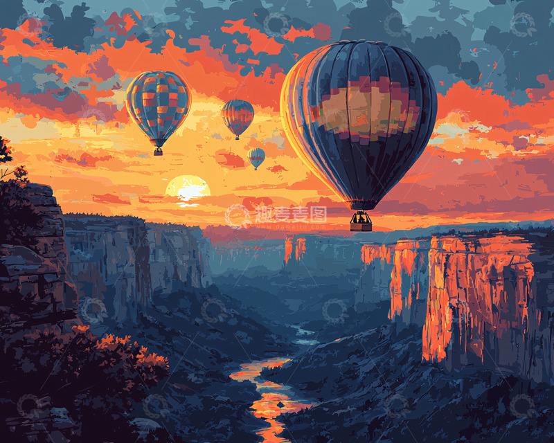 高清大图下载【趣麦麦图】夕阳峡谷热气球