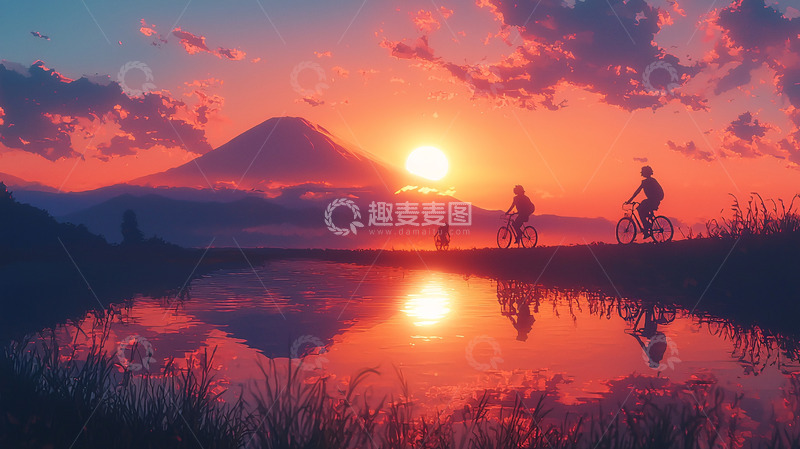 高清大图下载【趣麦麦图】富士山日落骑行
