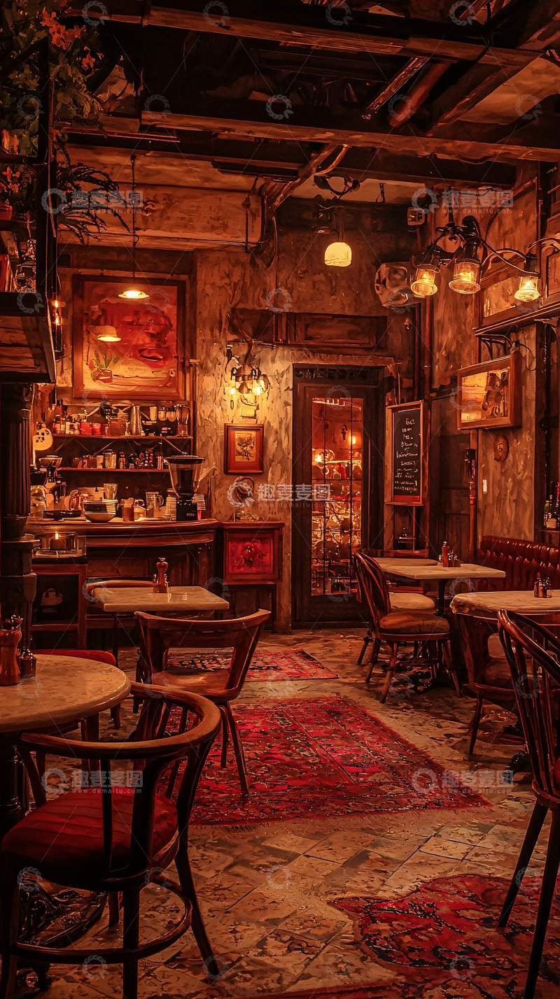 高清大图下载【趣麦麦图】复古酒吧昏暗灯光下的室内