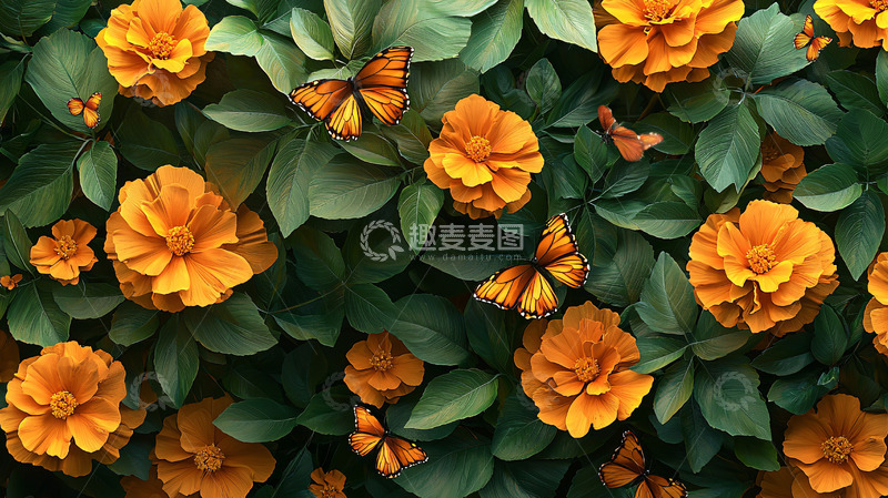 高清大图下载【趣麦麦图】橙色花朵蝴蝶绿叶背景