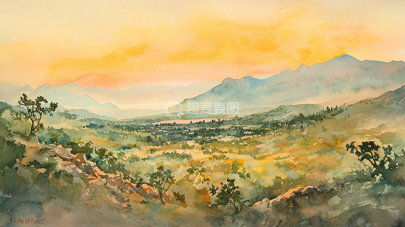 高清大图下载【趣麦麦图】水彩画山脉日落