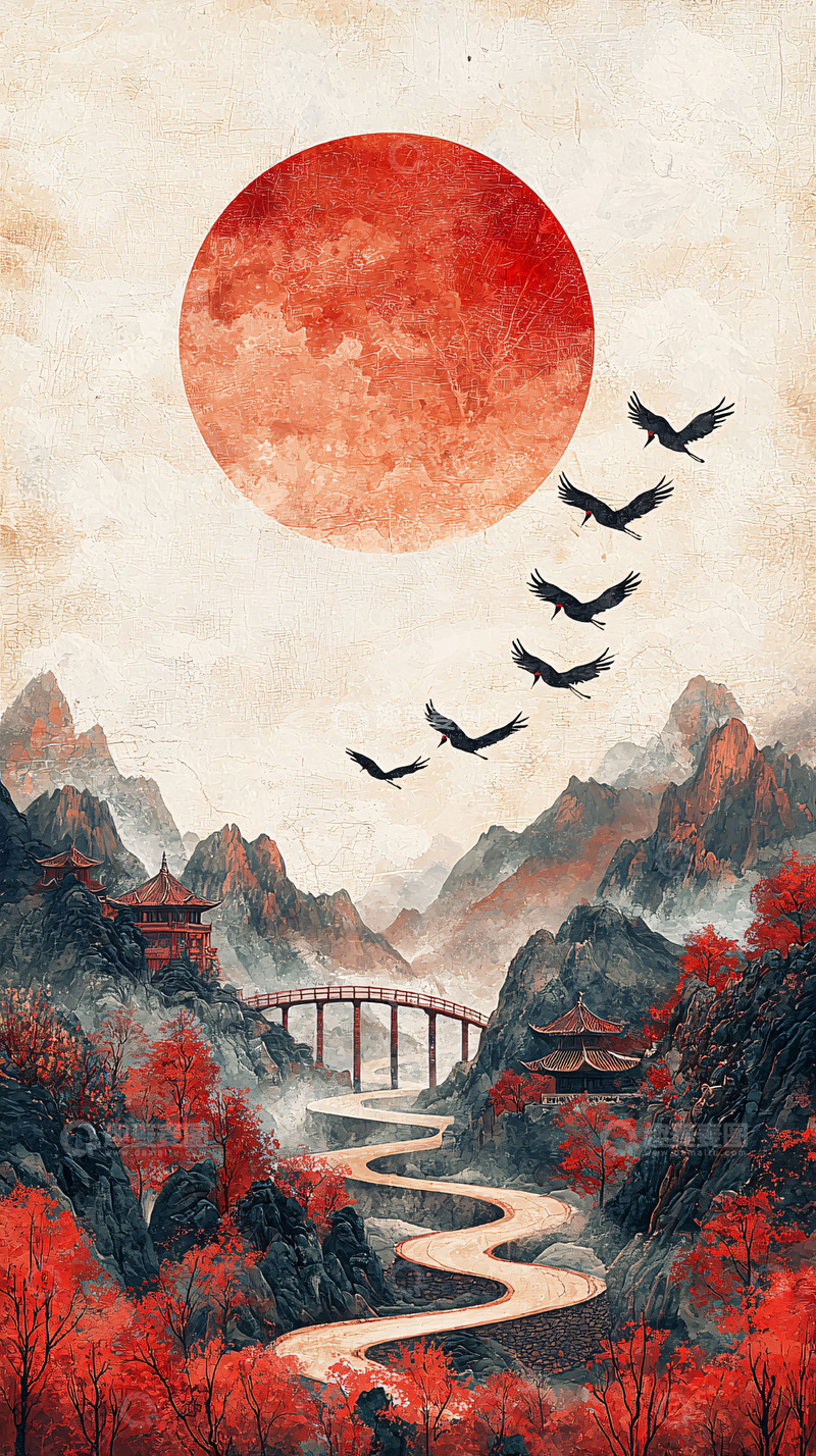 高清大图下载【趣麦麦图】红色太阳下的水墨山水